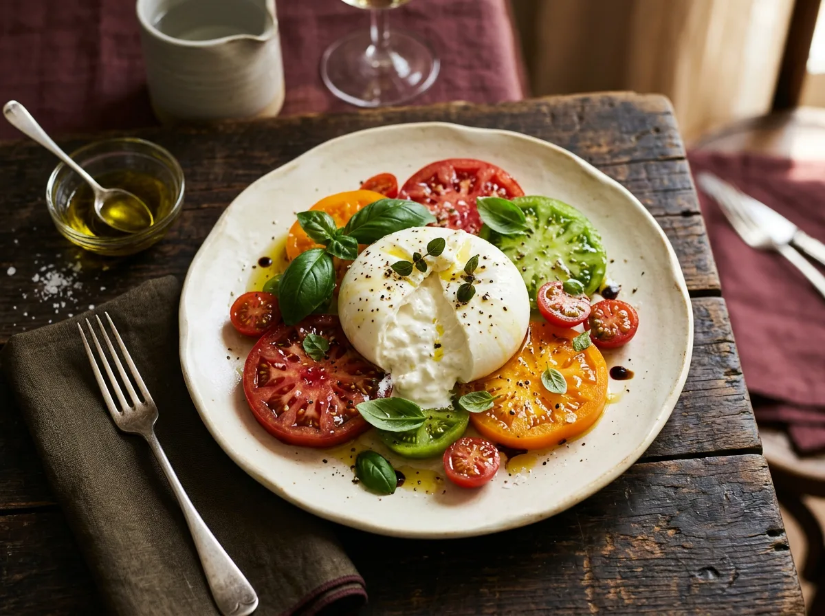 Burrata served with tomatoes and olive oil