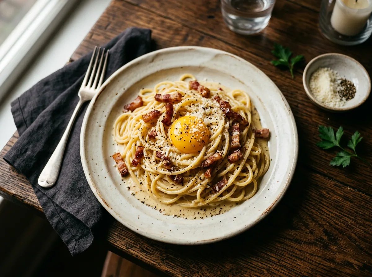 Plated spaghetti carbonara