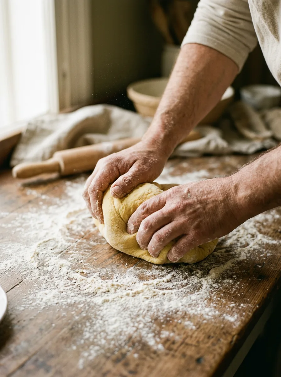 Hands working fresh pasta dough on a floured wooden surface