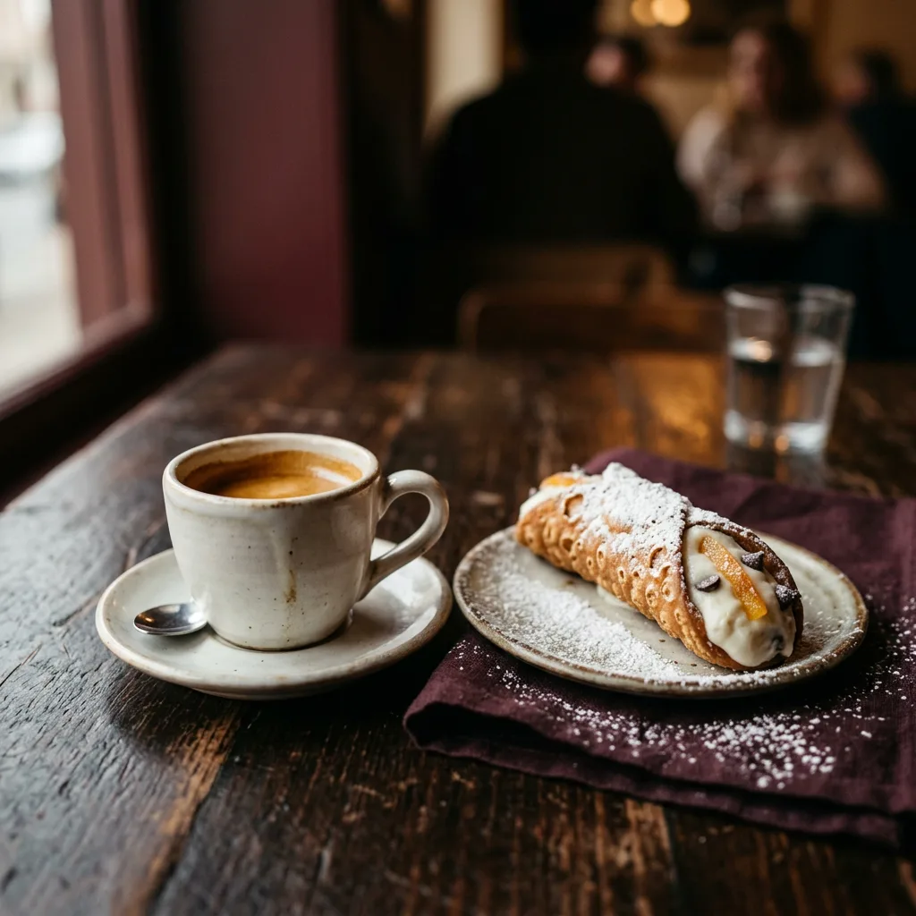 Espresso served beside cannoli