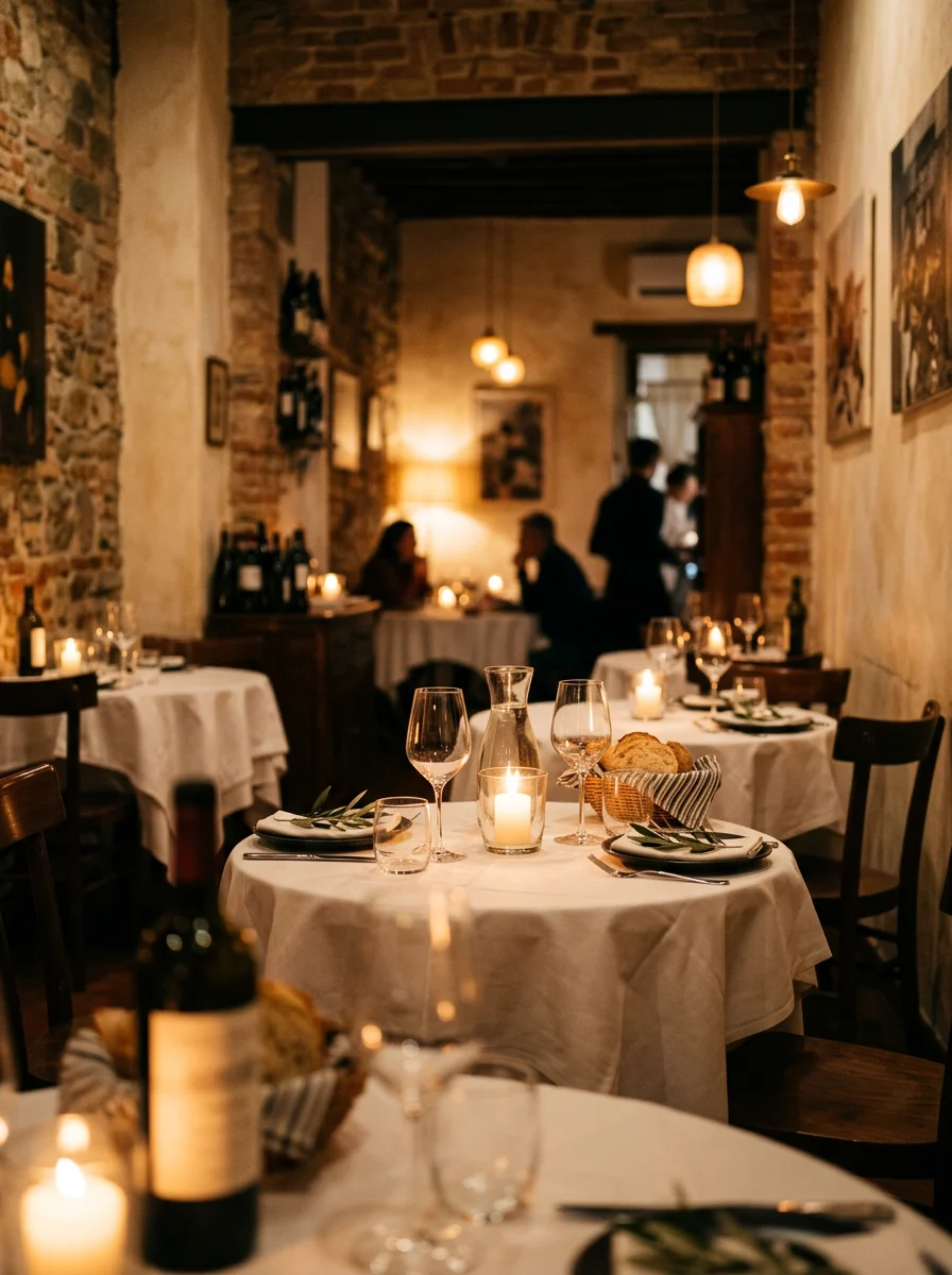 Candlelit dining room with linen-topped tables and warm pendant light