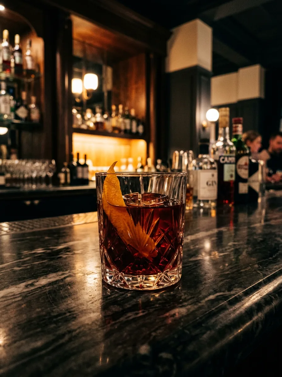 Negroni cocktail on a marble bar