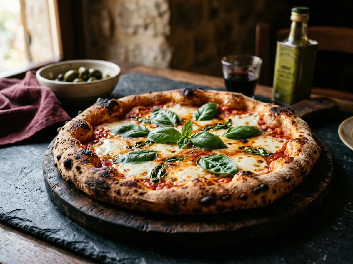 Wood-fired Margherita pizza with fresh basil