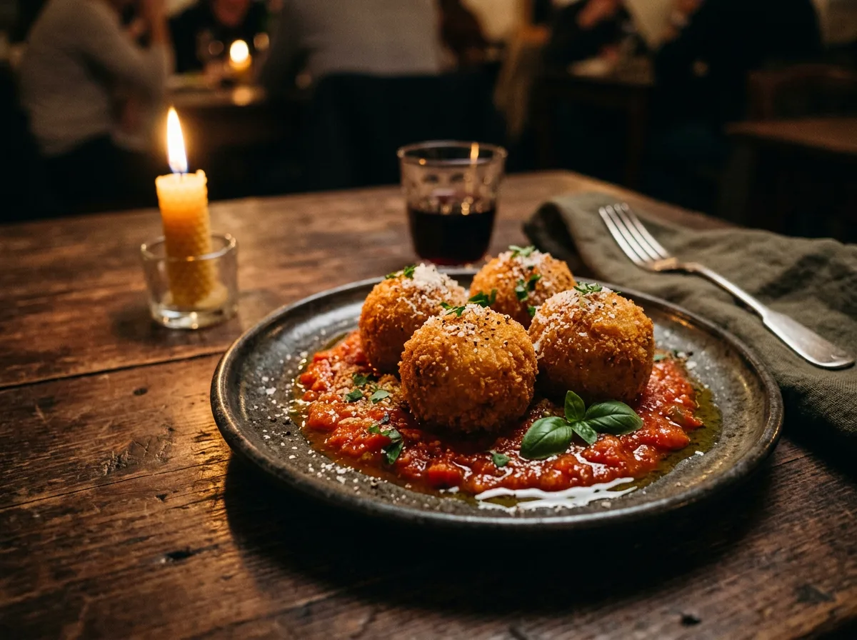 Fried risotto balls served with tomato sauce