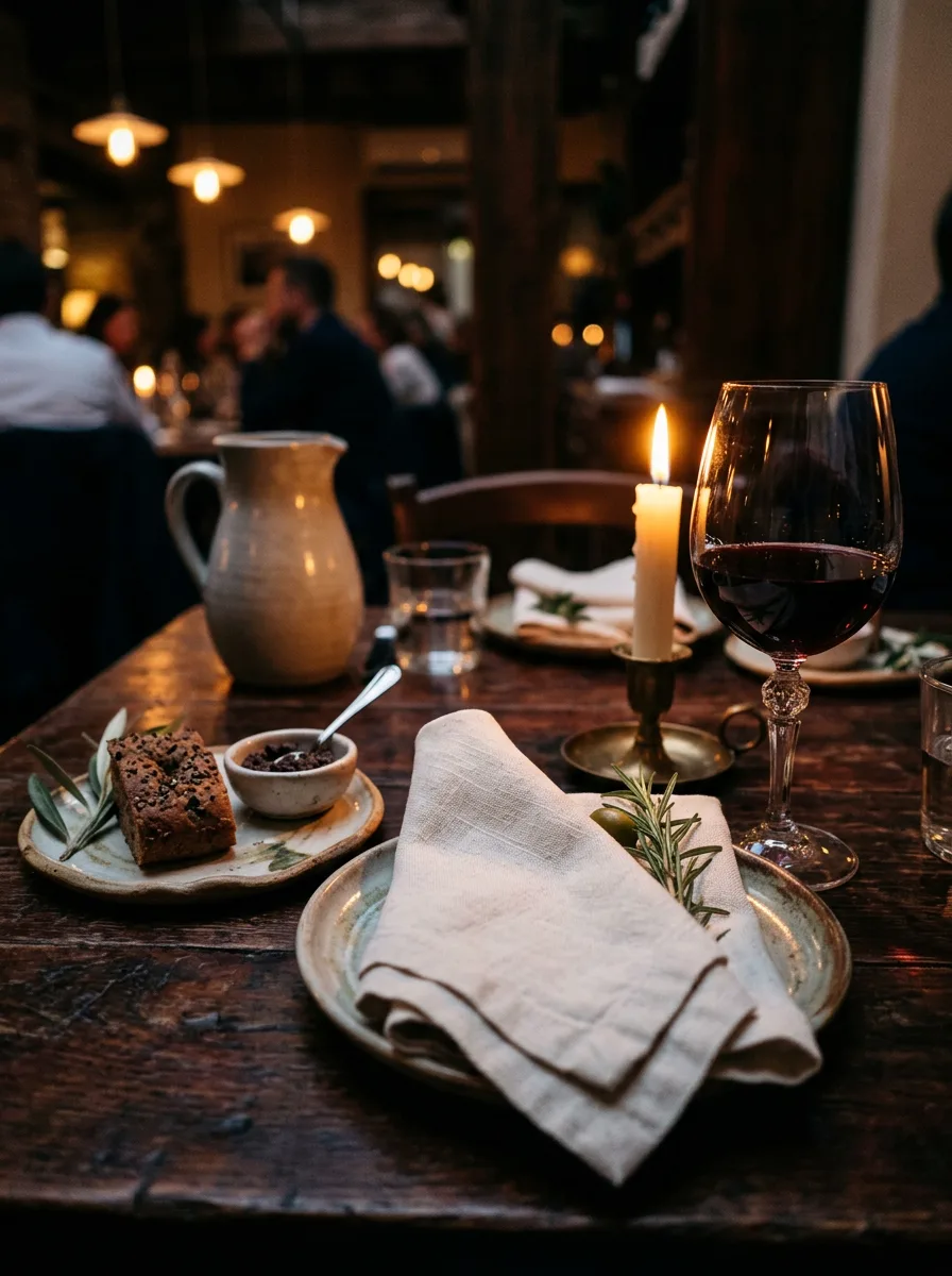 Table set with linen, wine glass and candlelight