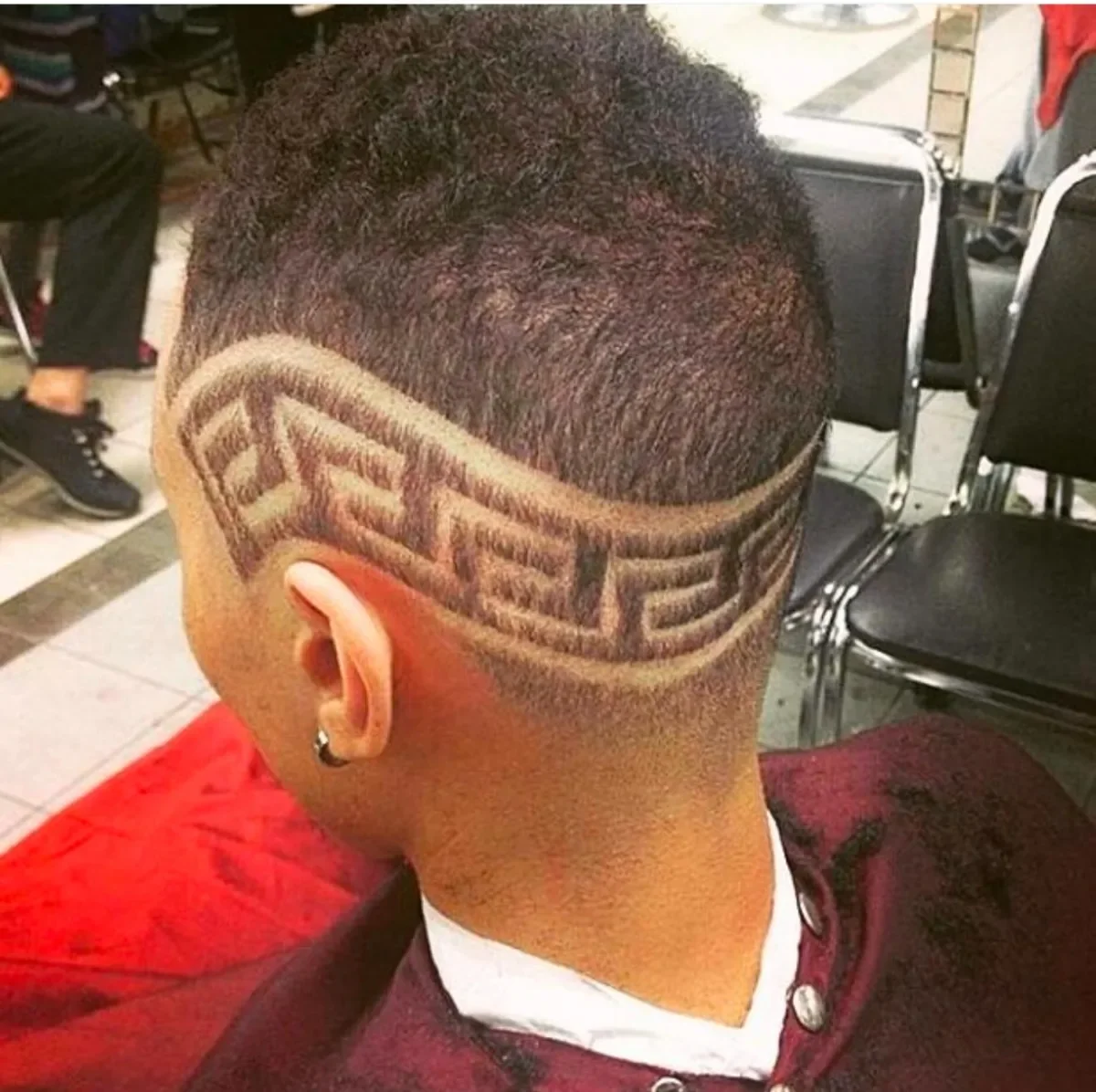Greek key pattern shaved along the side